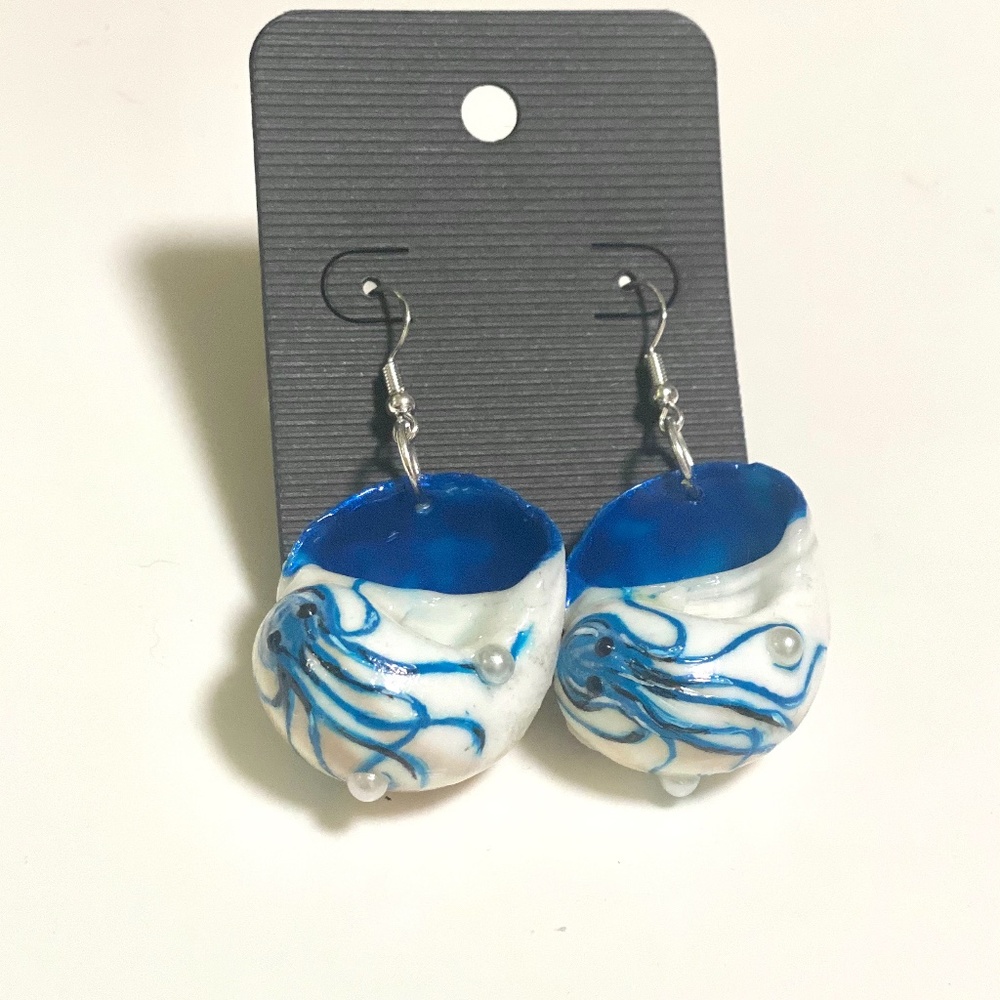 Handpainted Blue Octopus Earrings